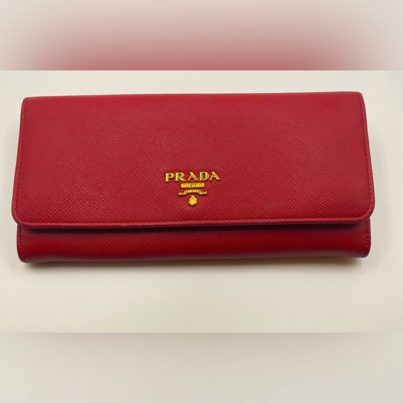 Prada - Saffiano Leather | Double Snap Long Wallet - Red | Gold Hardware - Picture 1 of 16